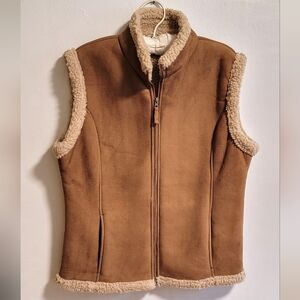 Vintage Rustic Cabincore Sherpa Faux Shearling Suede Full Lined Vest Zip Pockets